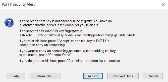 Confirm the host key's fingerprint Screenshot of dialog box asking to confirm host keys fingerprint