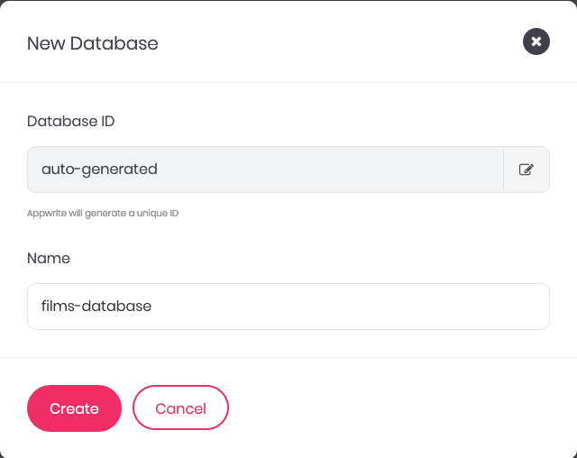 Appwrite form for creating a database Appwrite form for creating a database