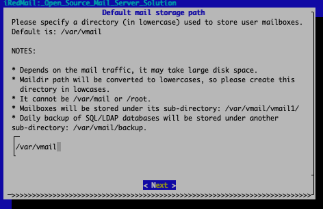 Choose the iRedMail storage directory Choose the iRedMail storage directory