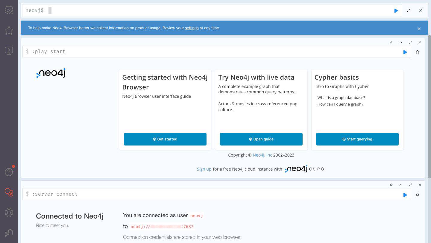 The Neo4j Browser Play Start page. The Neo4j Browser Play Start page.