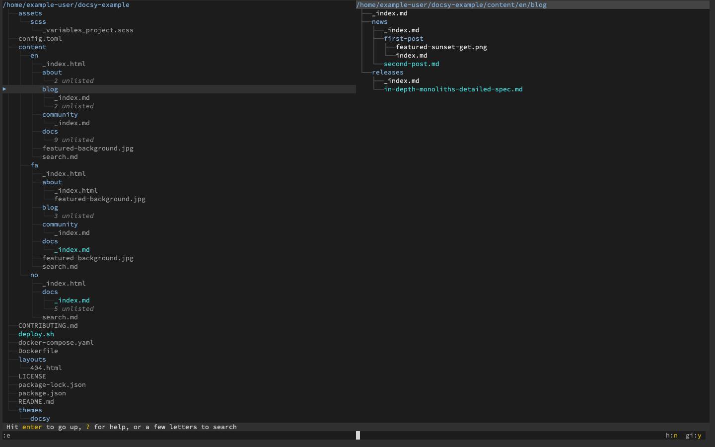 Two directory trees in separate panels in broot Two directory trees in separate panels in broot