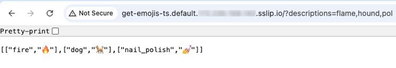 Successfully invoking the deployed Knative function in a web browser. Successfully invoking the deployed Knative function in a web browser.