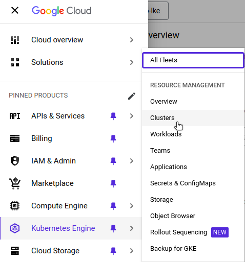 Google Cloud console showing the Kubernetes Engine clusters page. Google Cloud console showing the Kubernetes Engine clusters page.