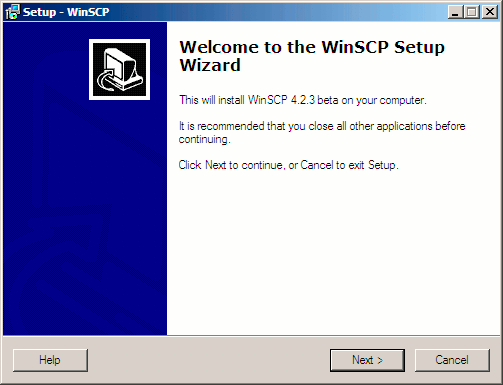 WinSCP setup wizard welcome screen. WinSCP setup wizard welcome screen.