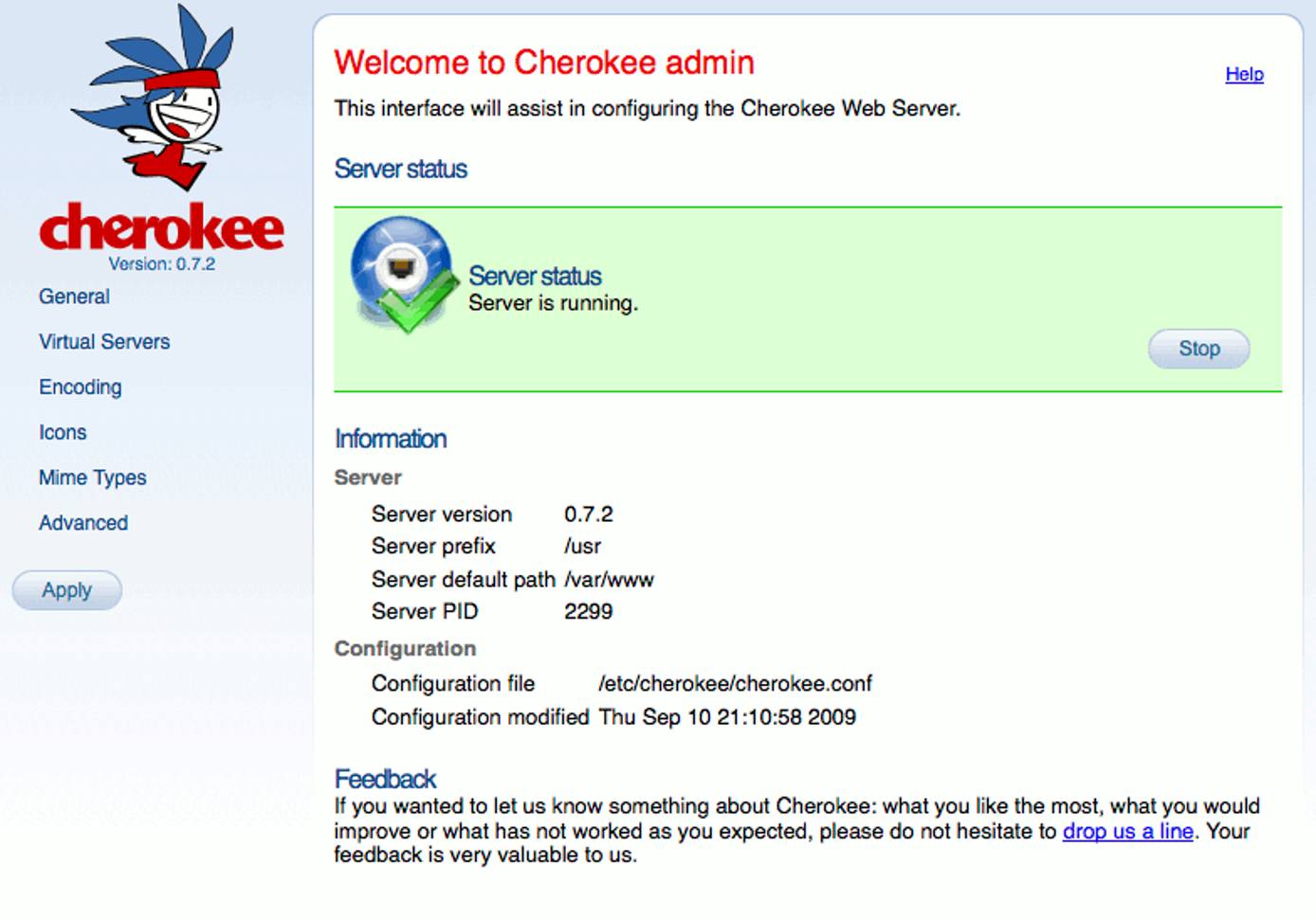 The cherokee-admin web server administration interface running on a Linode. The cherokee-admin web server administration interface running on a Linode.