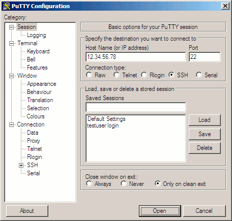Session information for PuTTY. Session information for PuTTY.