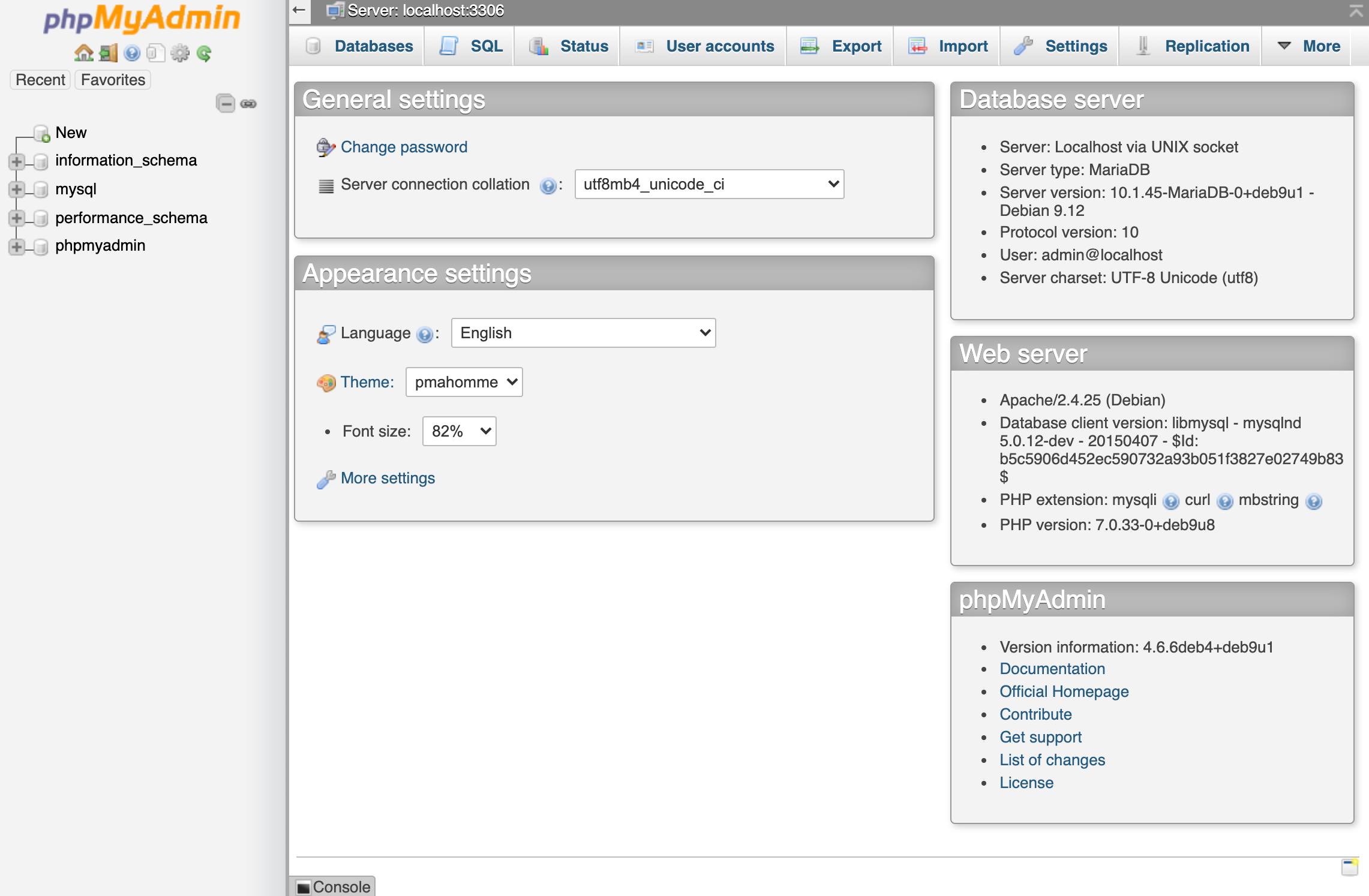 The phpMyAdmin Dashboard. phpMyAdmin Dashboard